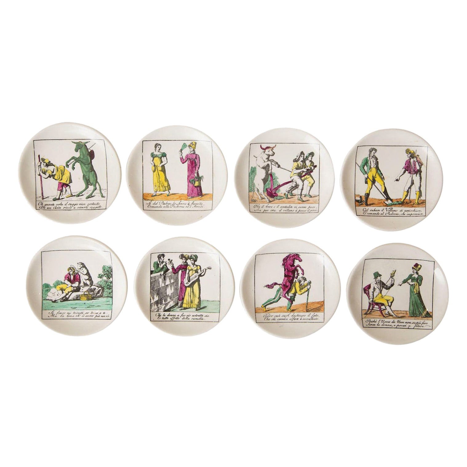 Piero Fornasetti Porcelain Coasters Il Mondo Alla Rovescia Midcentury Set of 8  For Sale