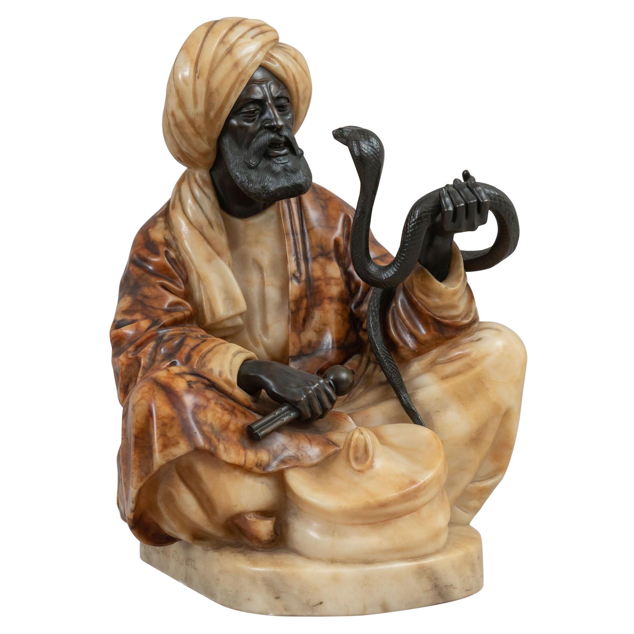 Orientalist Bronze & Carved Alabaster Seated Snake Charmer, ca. 1900, German