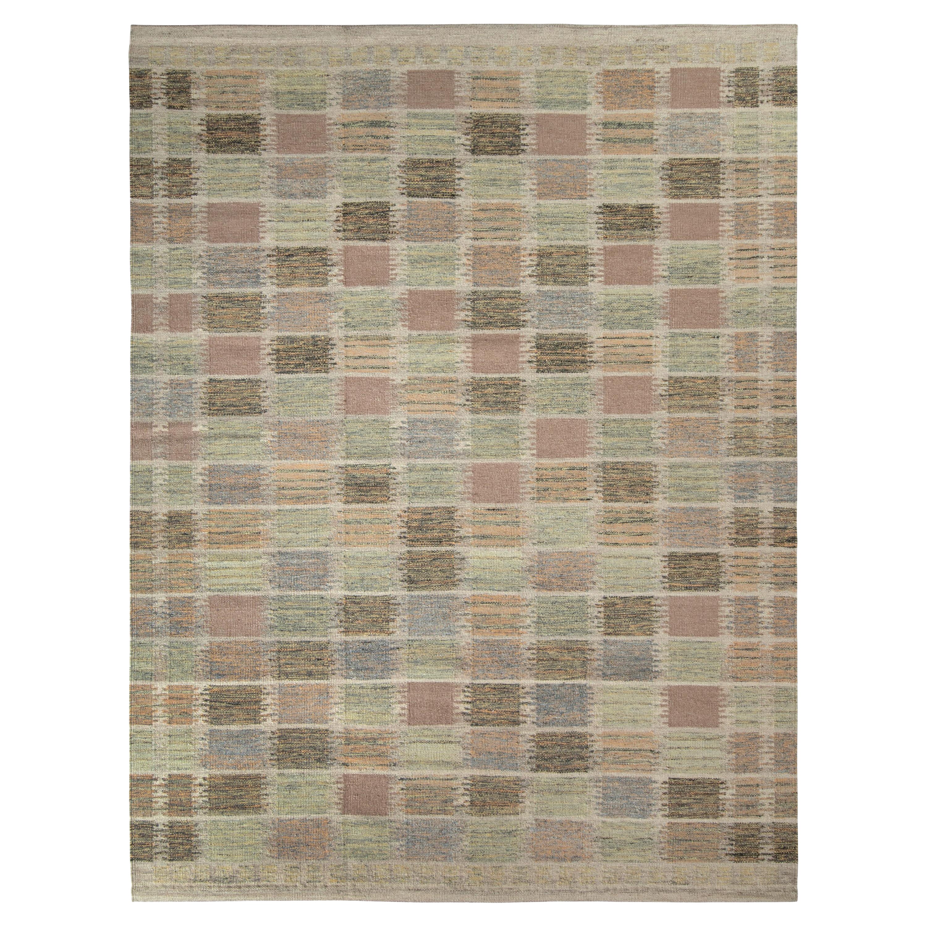 Rug & Kilim’s Scandinavian Style Kilim Rug in Green and Pink Geometric Pattern