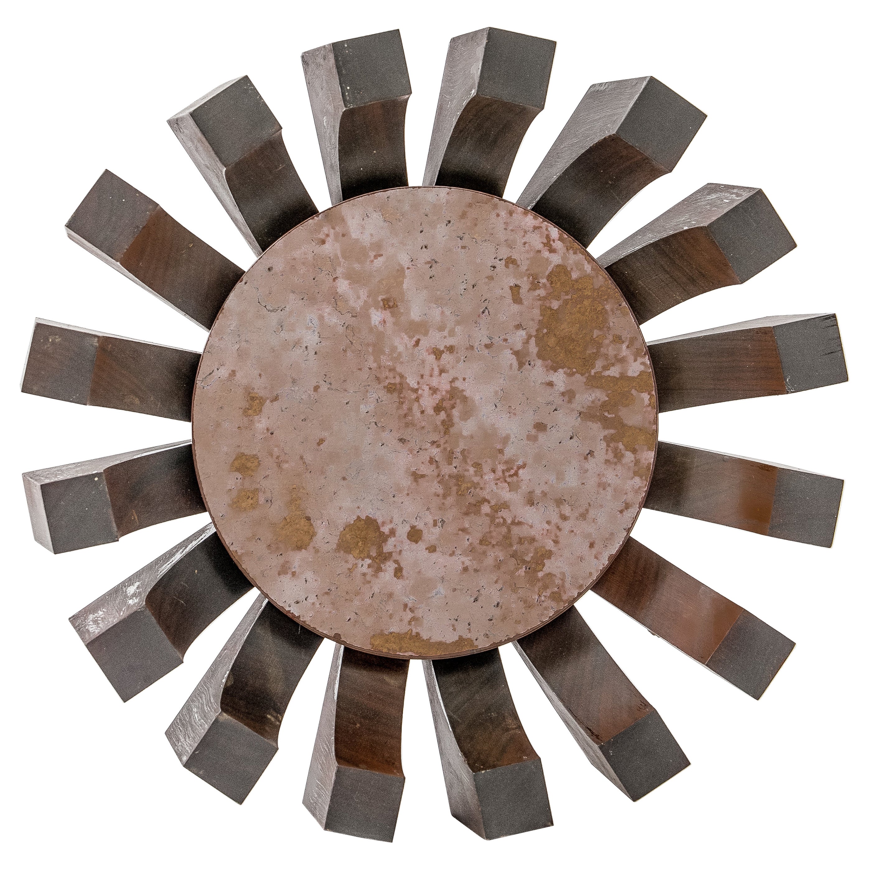Whimsical sun mirror made of individually carved walnut pieces held together by a metal structure. The mirror is a smoked antique glass.