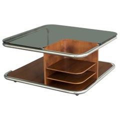 1970s Wheeled Chromed Steel Smoked Glass and Wood Shelves Coffee Table