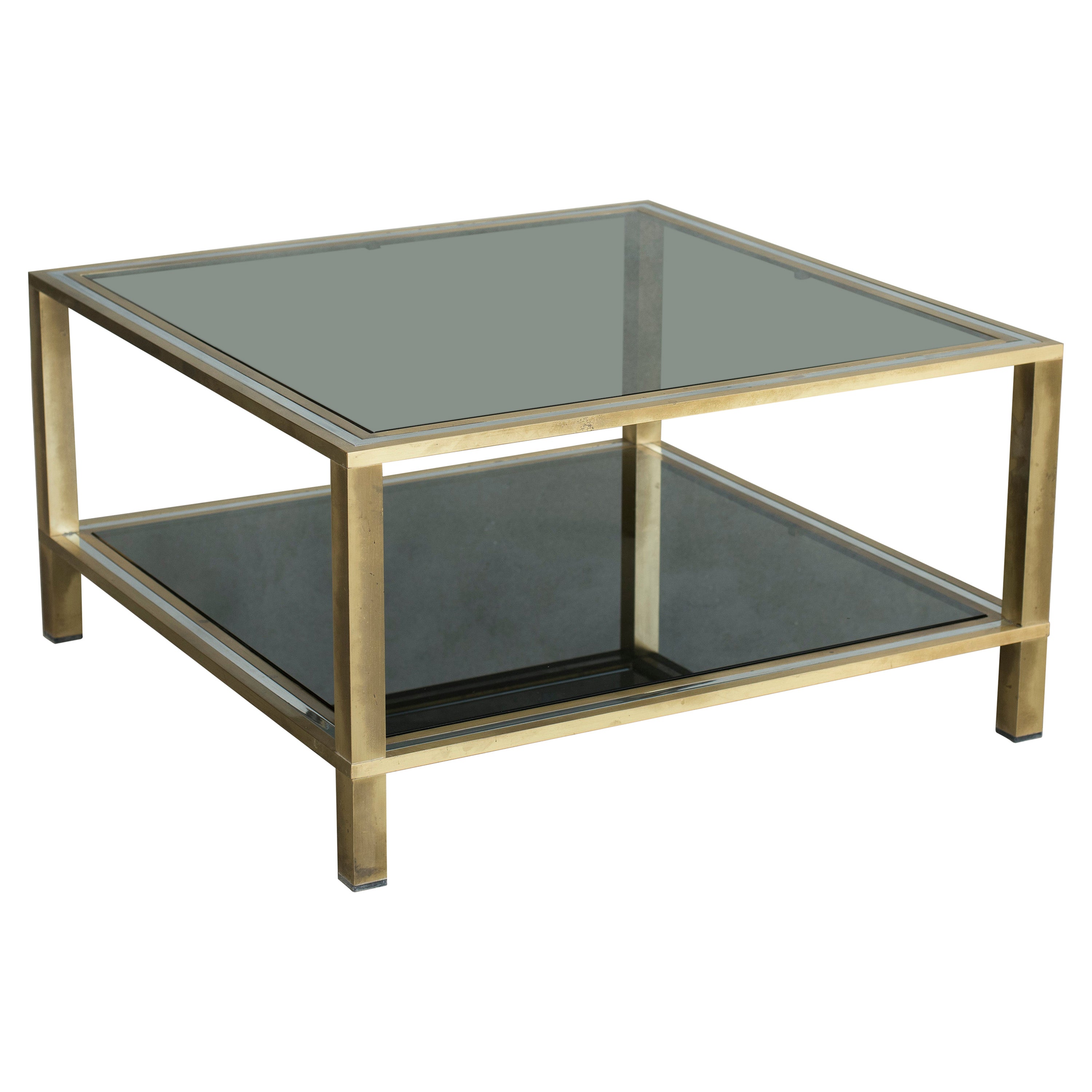 1970s Smoked Glass Chromed Steel and Brass structure Coffee Table For Sale