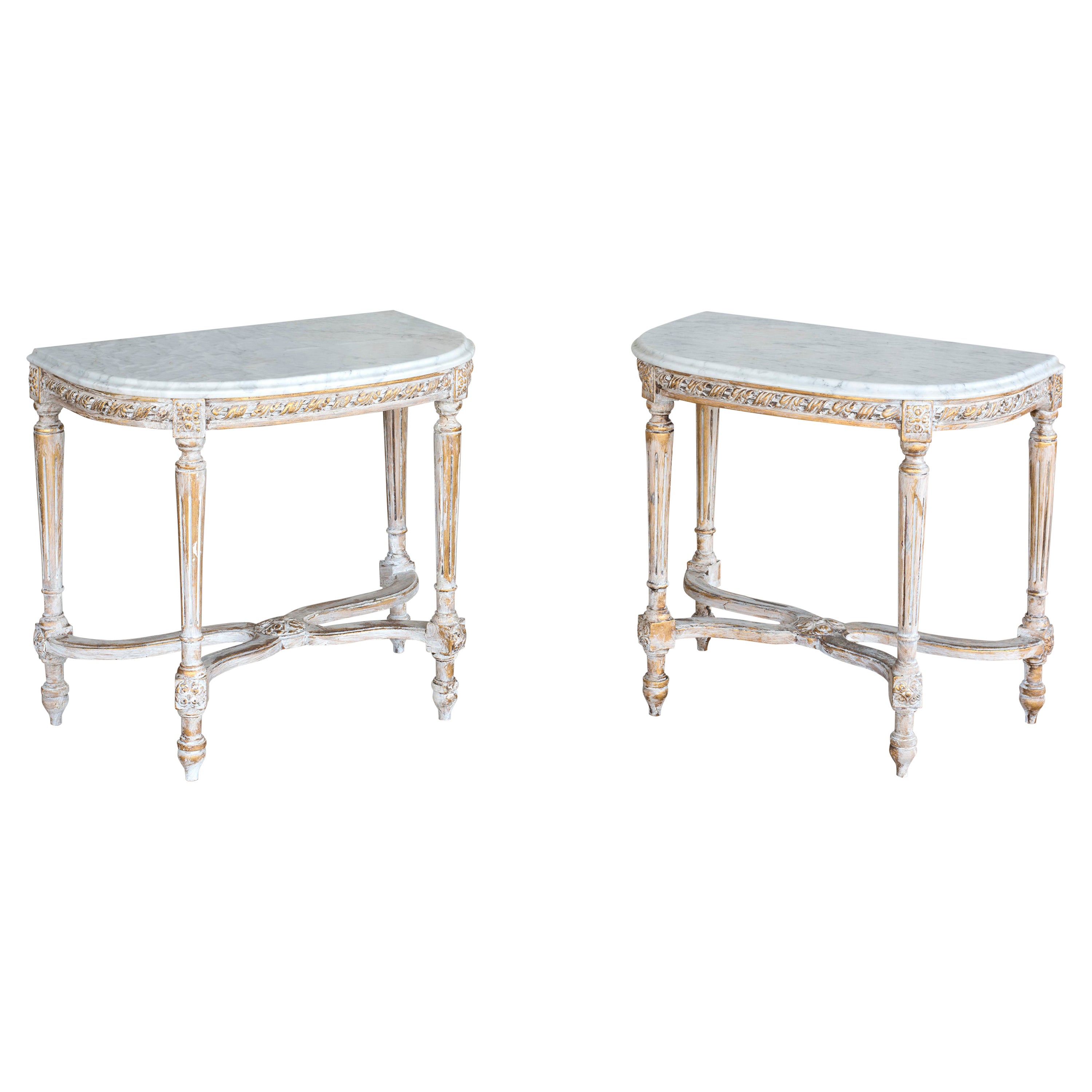 Shabby Effect Console Tables White Carrara Marble Top Louis XVI Style