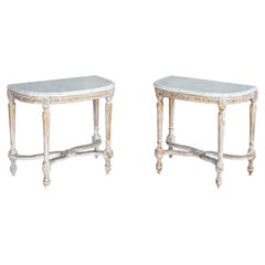Shabby Effect Console Tables White Carrara Marble Top Louis XVI Style