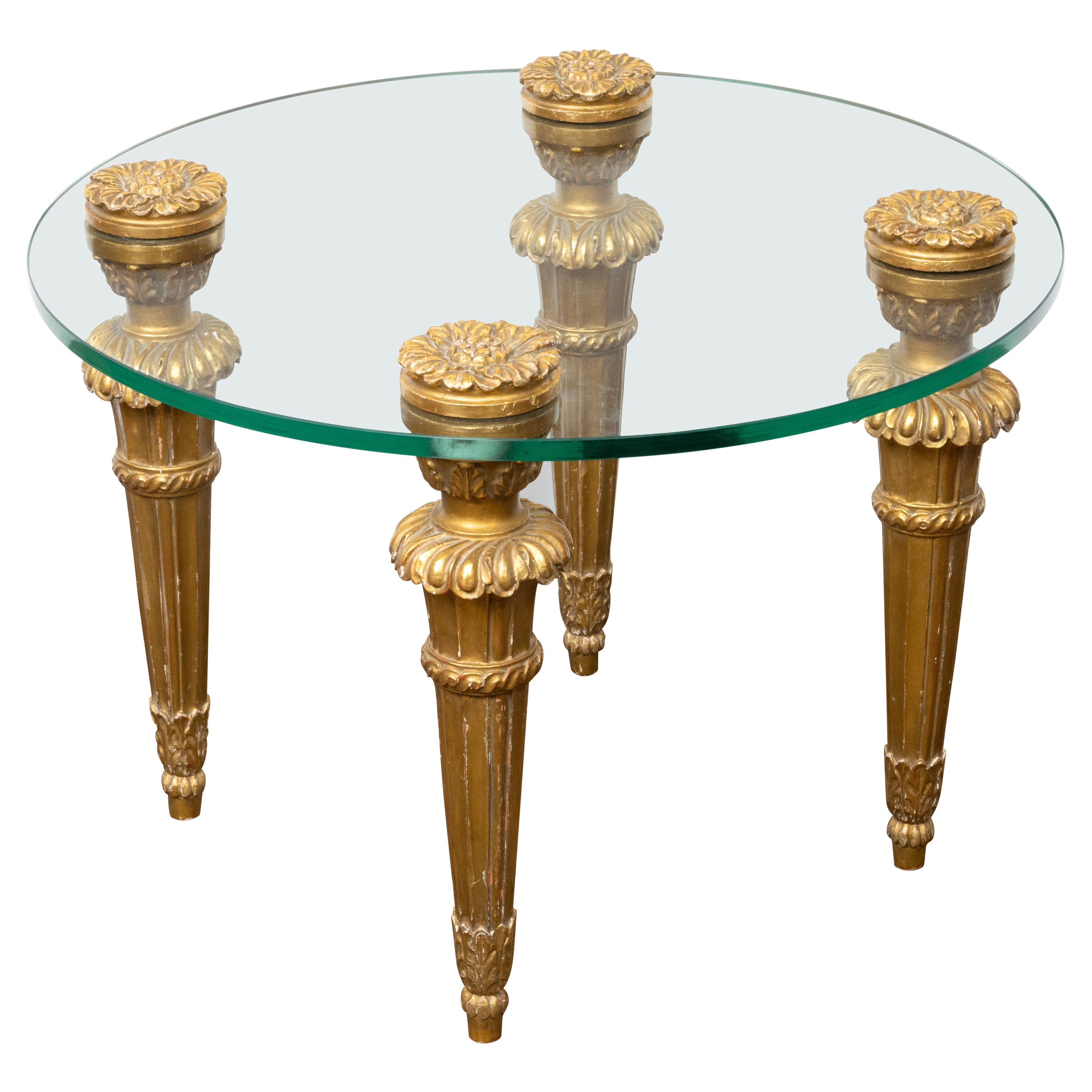 French Midcentury Carved Giltwood Drinks Table with Round Glass Top and Rosettes