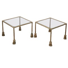 Pair of Midcentury Italian Gilt Metal Drinks Tables with Glass Tops and Tassels