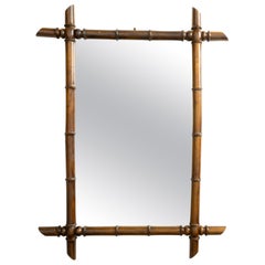 French Turn of the Century 1900s Rectangular Faux Bamboo Walnut Mirror