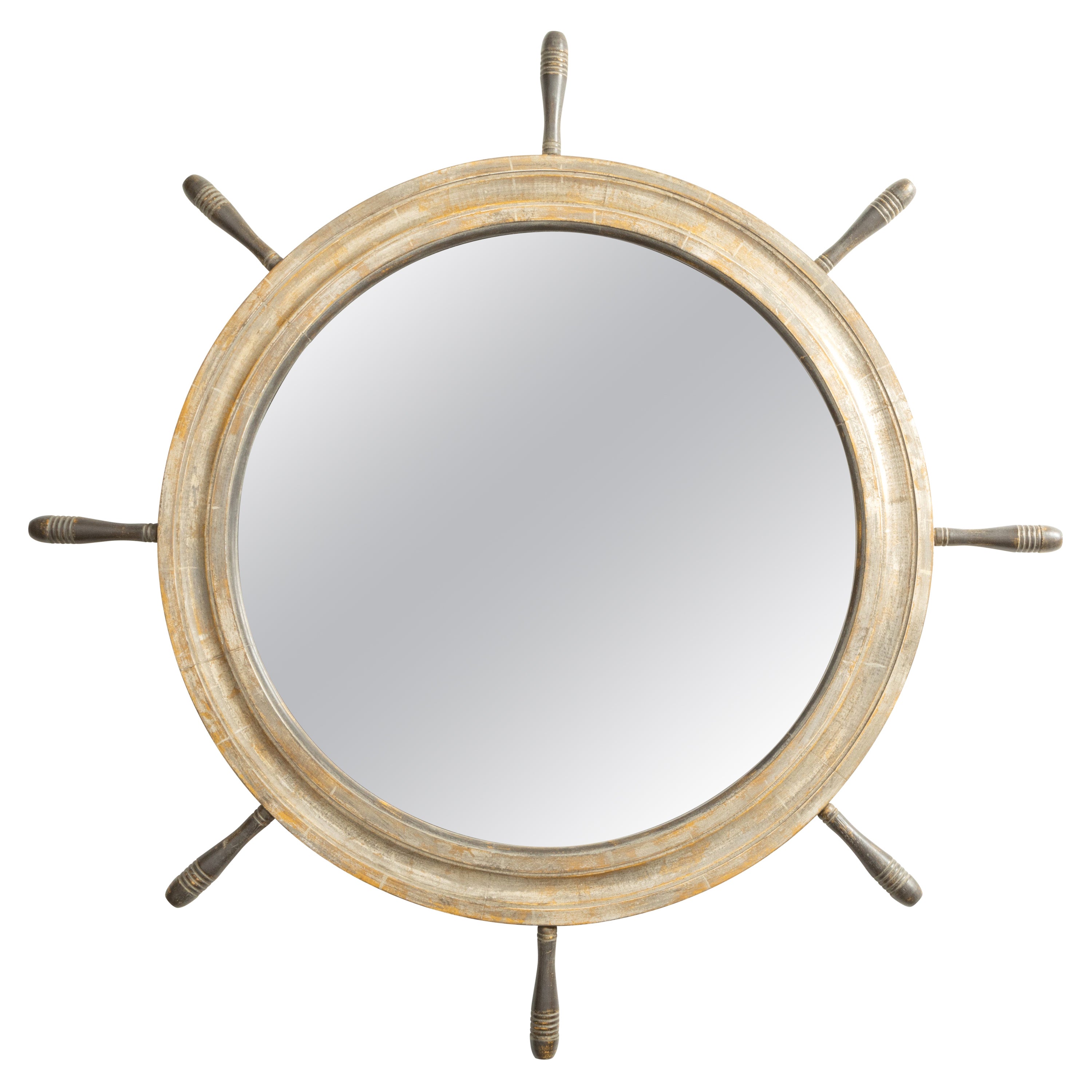 English Midcentury Period Ship Wheel Shaped Mirror with Distressed Patina For Sale