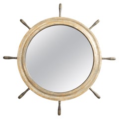 English Midcentury Period Ship Wheel Shaped Mirror with Distressed Patina