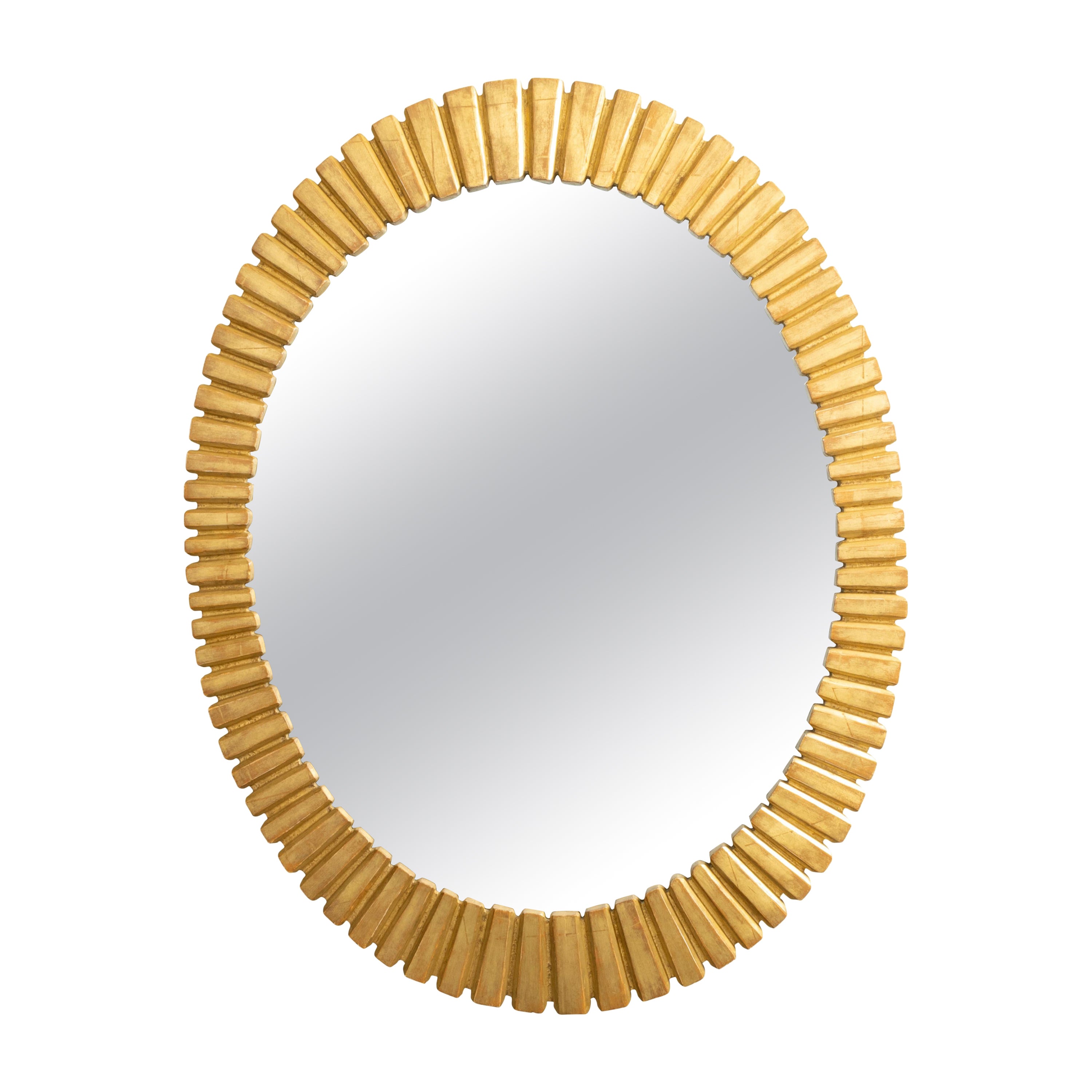 French Oval Midcentury Giltwood Mirror with Grooved Radiating Patterns