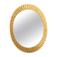 Vintage French Oval Midcentury Giltwood Mirror with Grooved Radiating Patterns