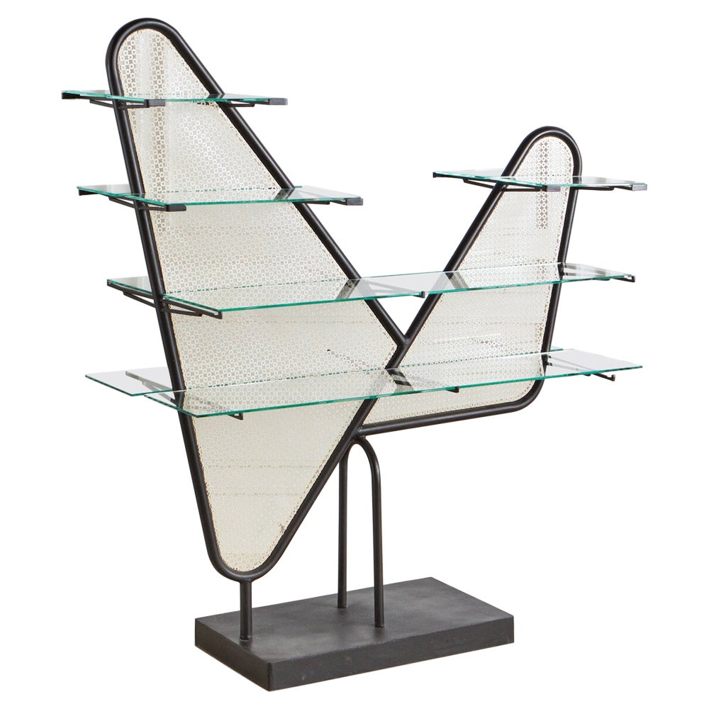 Italian Perforated Metal Etagere with Floating Glass Shelves 