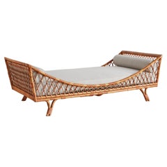 Mid Century Italian Rattan Daybed with Boucle Cushion + Bolster Pillows