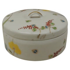 Vintage Round Ceramic Box with Lid in White with Hand Painted Flowers