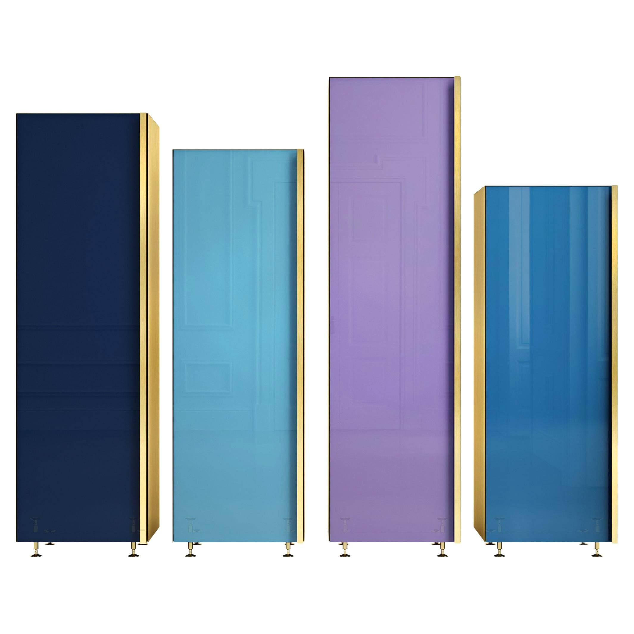 Contemporary Column Set of Four Brass Glass Cupboards Storage Unit Blue For Sale