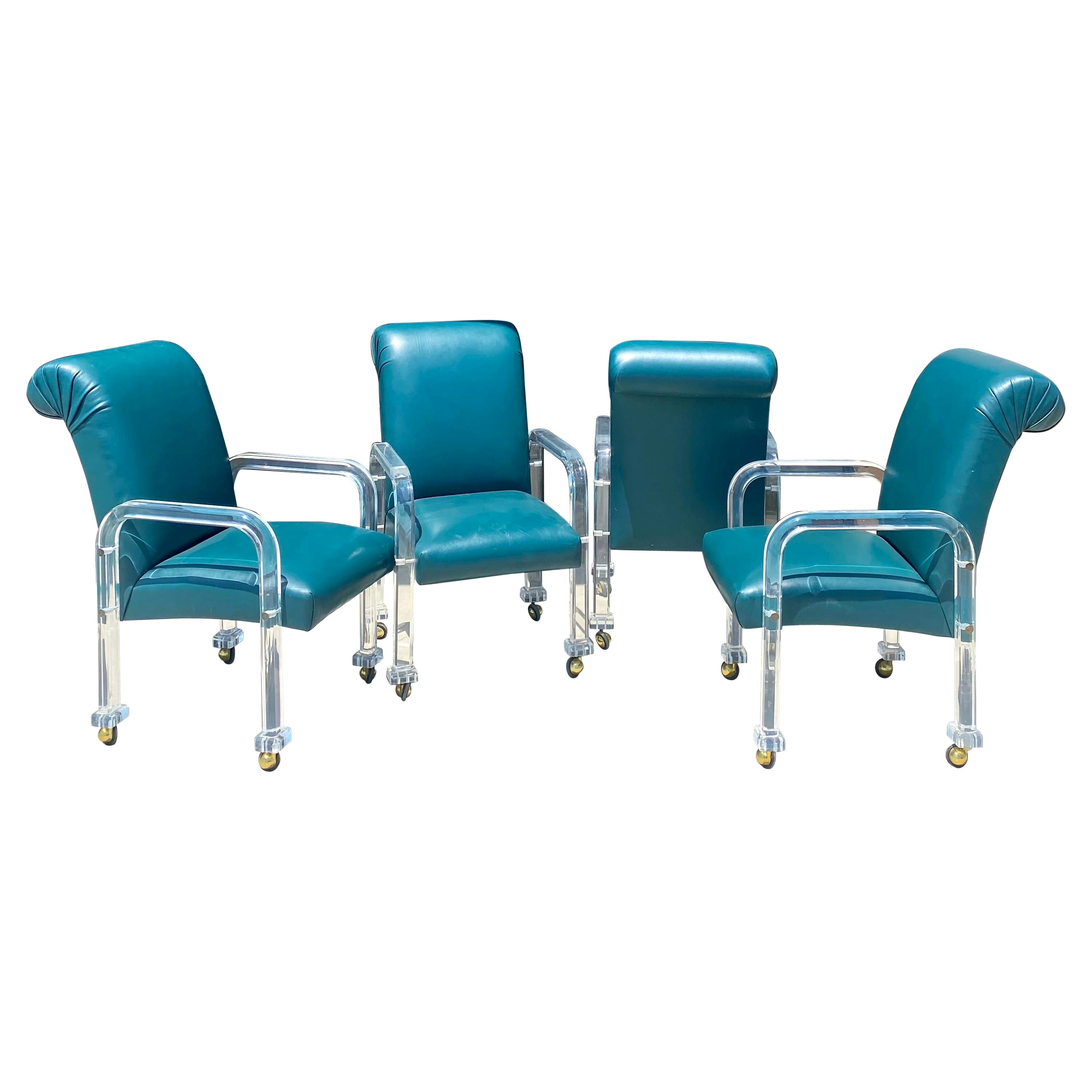 Vintage Lucite and Emerald Green Leather Set of 4 Dining/Game Chairs on Casters For Sale