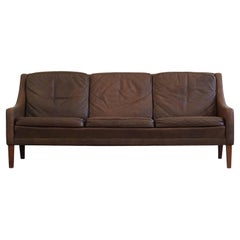 Danish Modern Three Seater Sofa in Brown Leather and Wooden Legs, 1960s