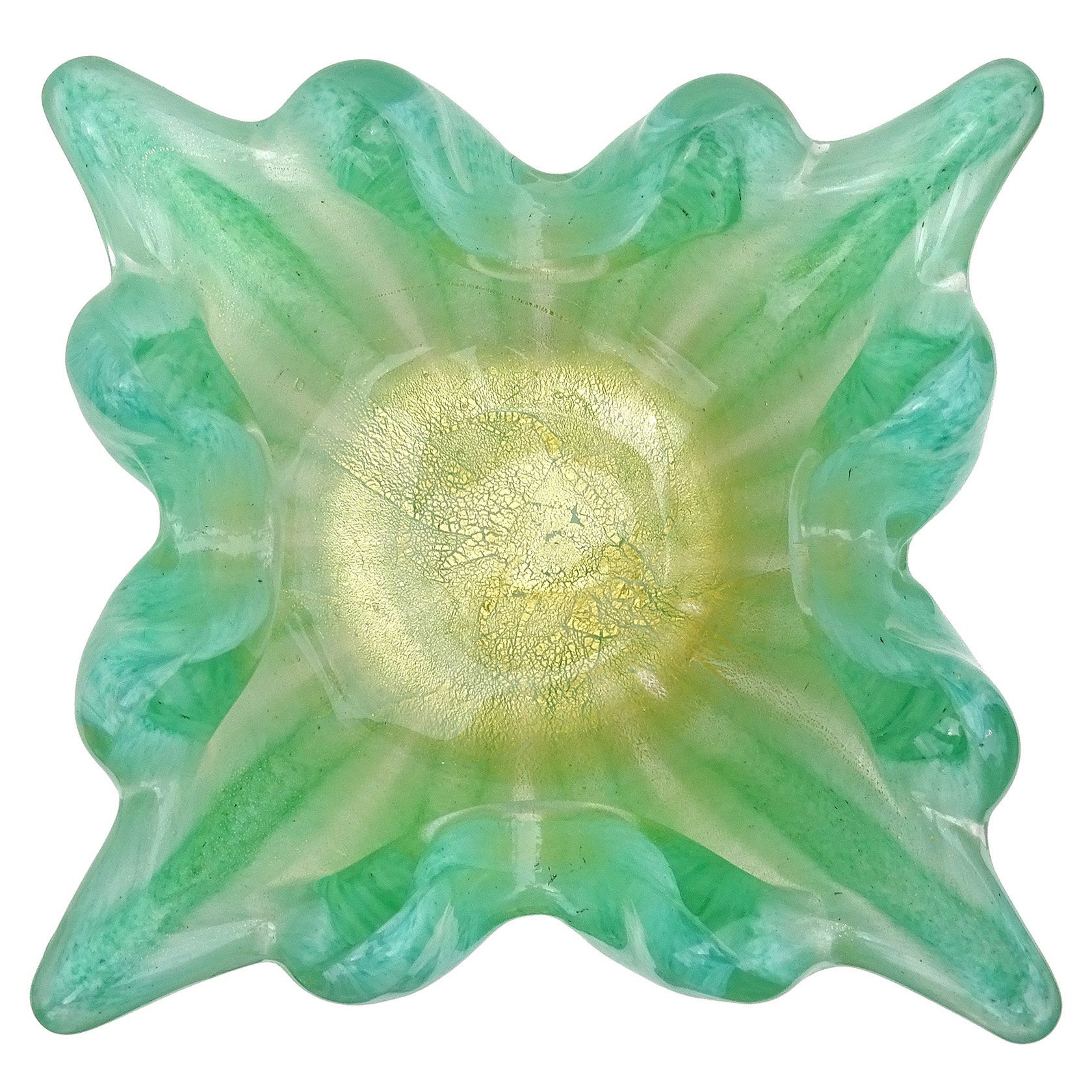 Barovier Toso Murano Jade Green Gold Flecks Italian Art Glass Spike Bowl Ashtray