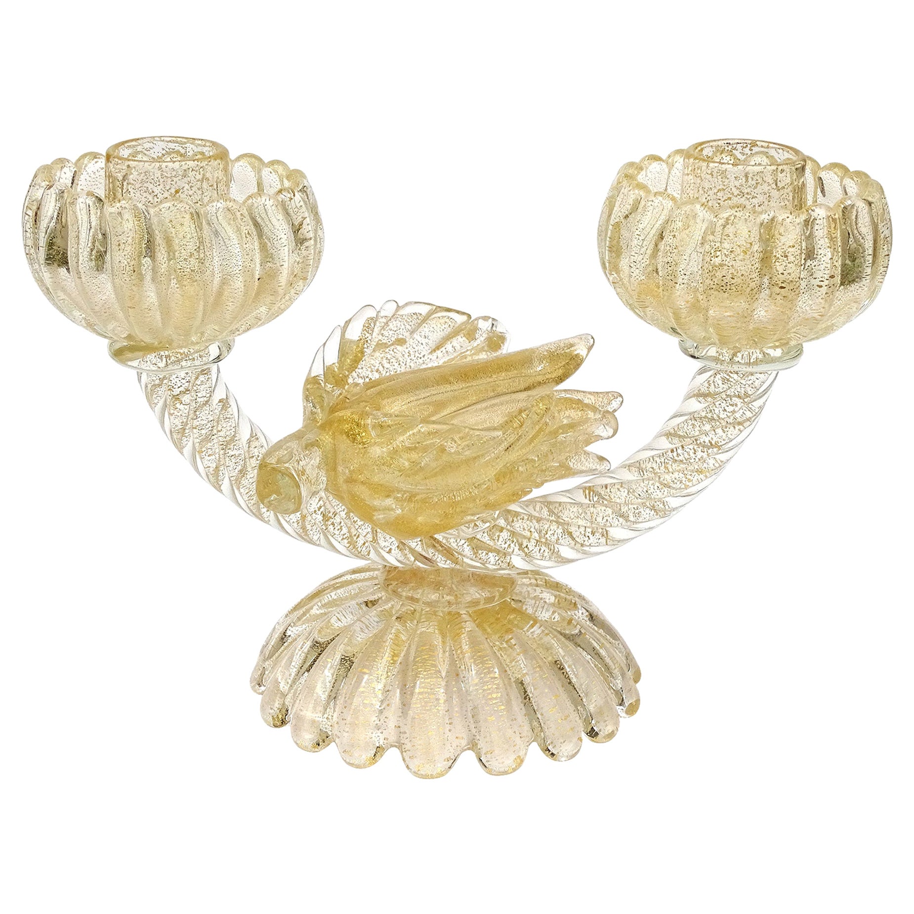 Archimede Seguso Murano Gold Flecks Flower Italian Art Glass Double Candlestick For Sale