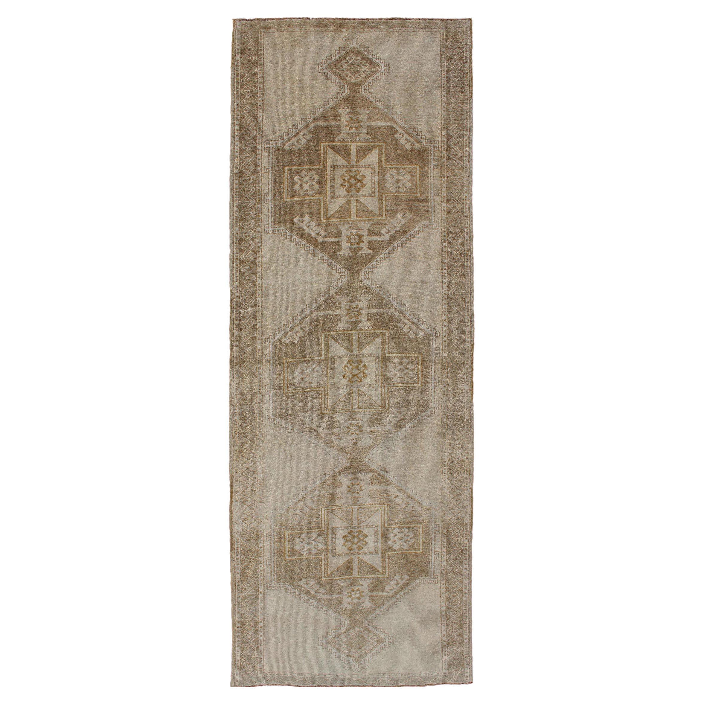 Vintage Oushak Gallery Runner with Three Medallion Design in Taupe, Light Brown