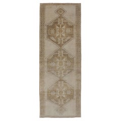 Vintage Oushak Gallery Runner with Three Medallion Design in Taupe, Light Brown