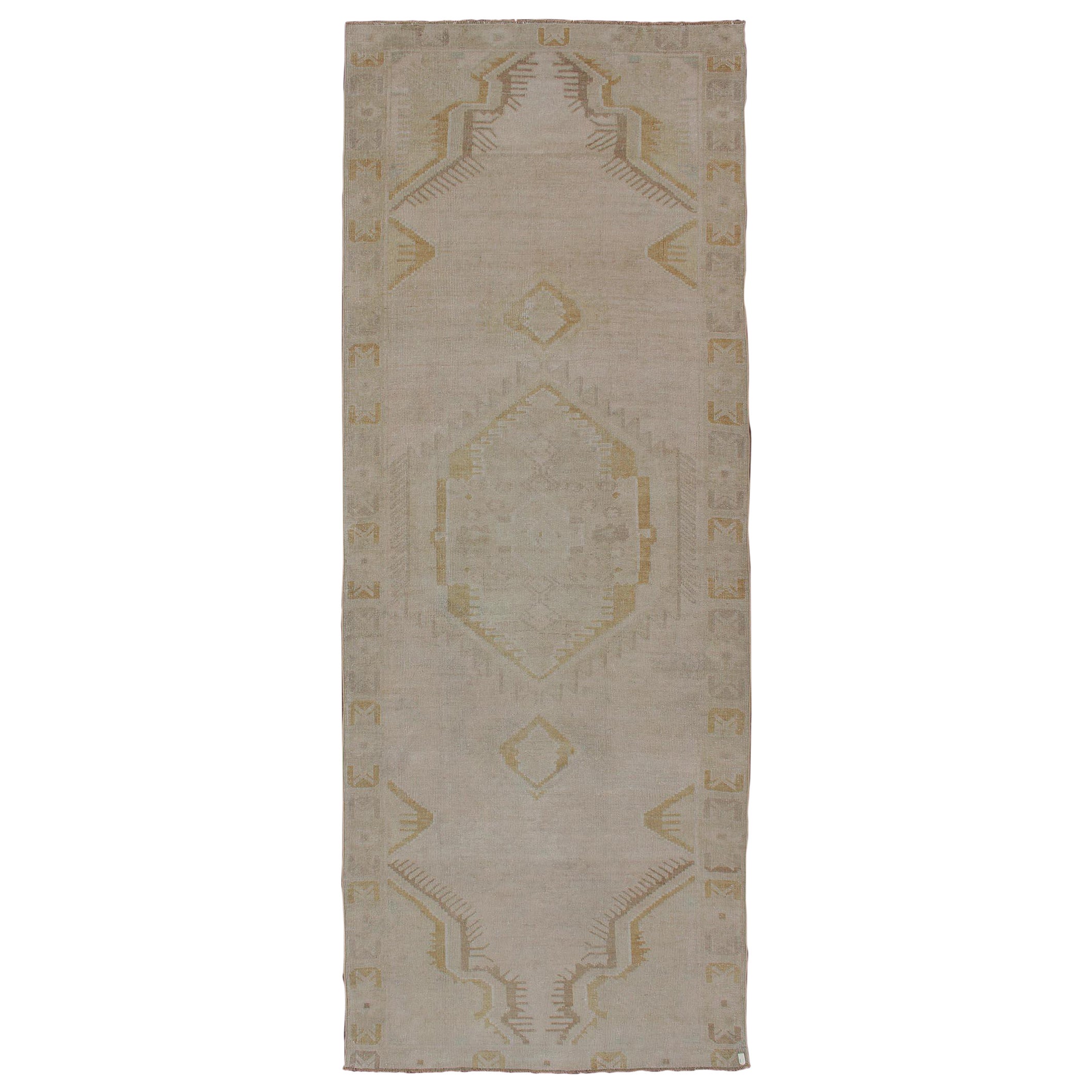 Light Colored Vintage Oushak Runner with Geometric Medallions in Taupe Color