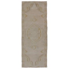 Light Colored Vintage Oushak Runner with Geometric Medallions in Taupe Color