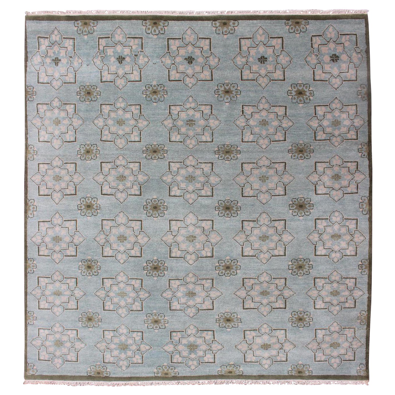 Square Size Modern Transitional Rug in Ice Blue Background and All-Over Design For Sale