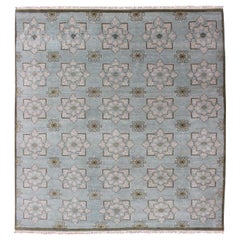 Square Size Modern Transitional Rug in Ice Blue Background and All-Over Design