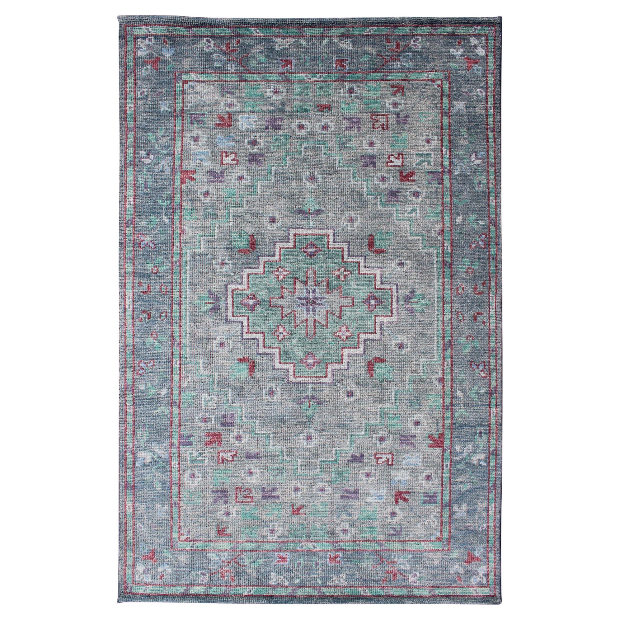 Oushak Design Rug in Gray, Blue, Light Green and Red with All-Over Design