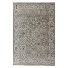 Modern Oushak Tribal Designed Rug in Greens, Tan, Lt. Blue, and Rusty Red