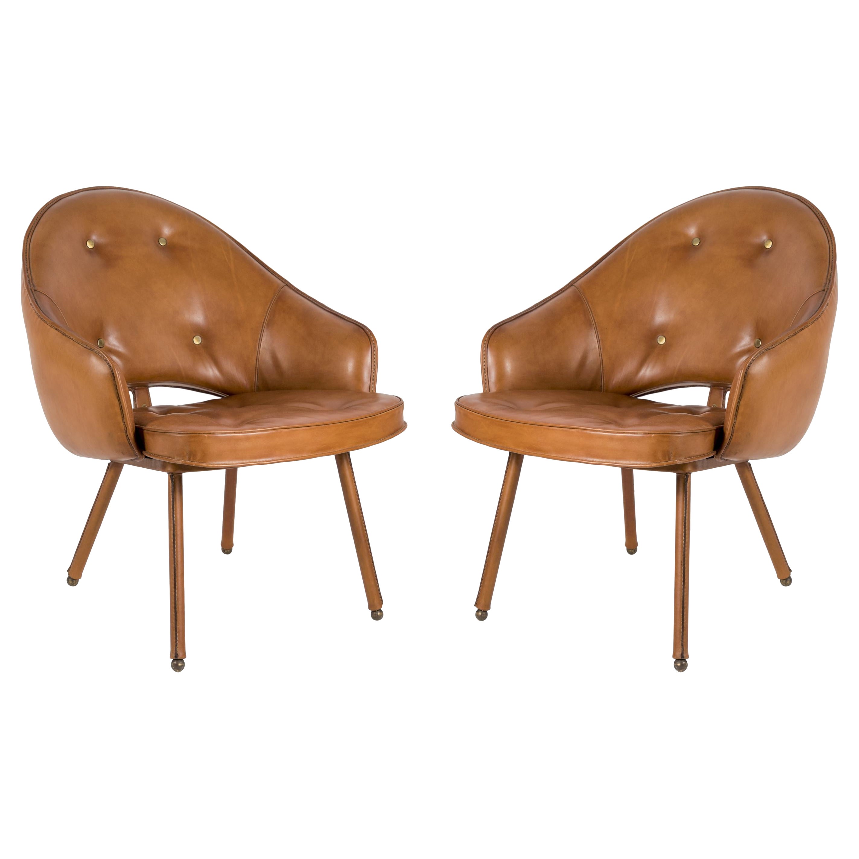 Pair of 1950's Stitched Leather Armchairs by Jacques Adnet For Sale
