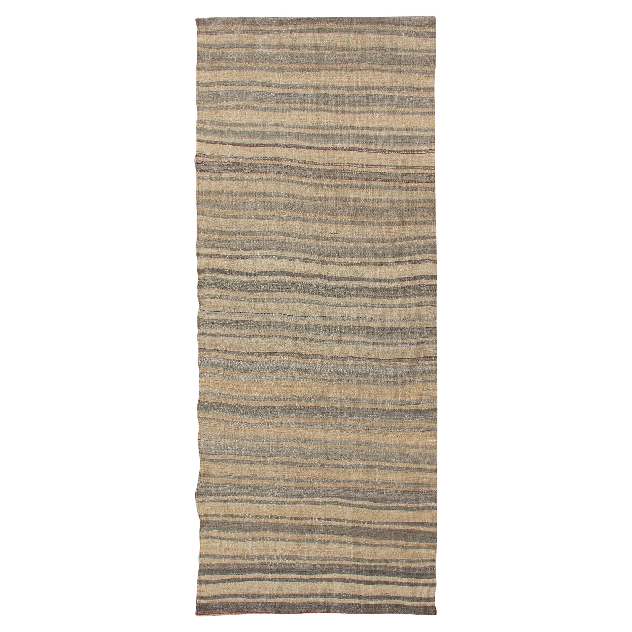 Vintage Turkish Kilim Runner with Stripes in Light Tan and Neutral Tones For Sale
