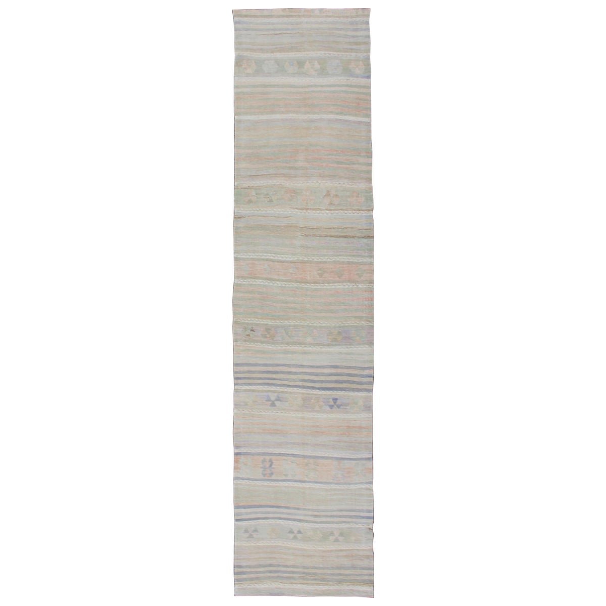 Vintage Turkish Kilim Runner with Soft Stripes and Modern Design in Muted Colors