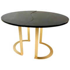 Bespoke Italian Textured Brass Black Granite Oval Side Table Doubles as a Pair