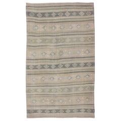Flat-Weave Kilim with Embroideries in Taupe, Green, Blue and Grey