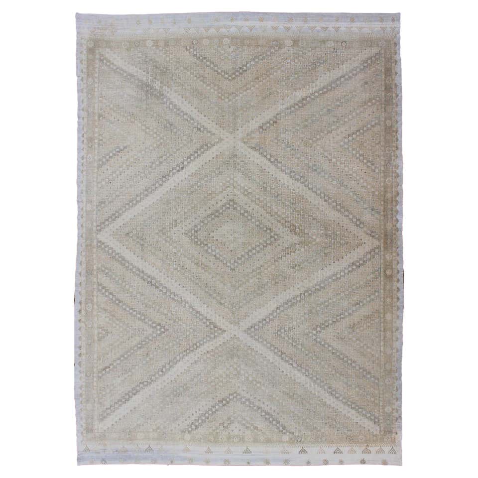 Tan, Light Blue Vintage Turkish Embroidered Rug with Geometric Diamond ...