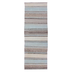 Modern Kilim Rug with Stripes in Shades of Blue, Taupe, Brown, and Cream Runner