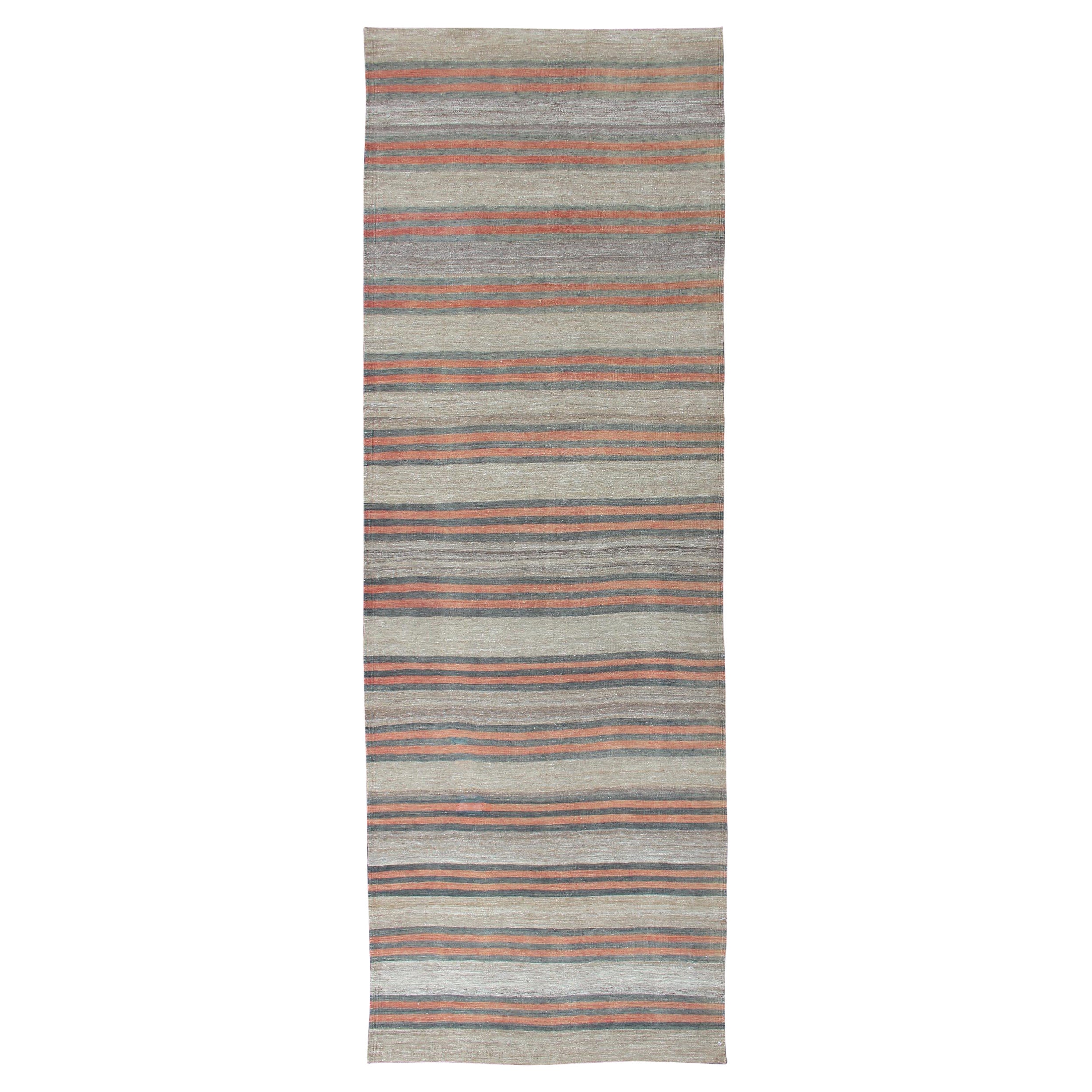 Vintage Hand Woven Turkish Kilim Runner with Stripe and Modern Design  For Sale