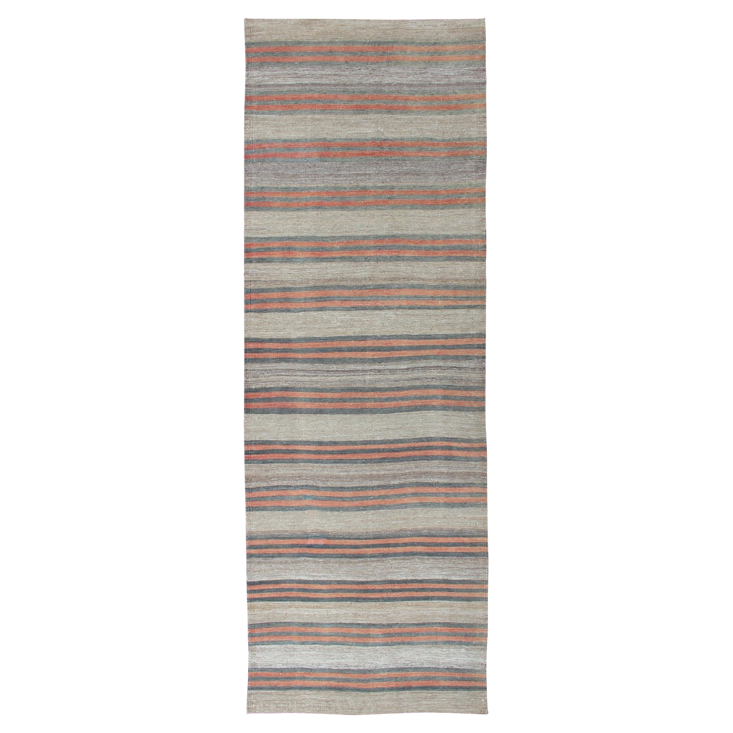 Vintage Hand Woven Turkish Kilim Runner with Stripe and Modern Design