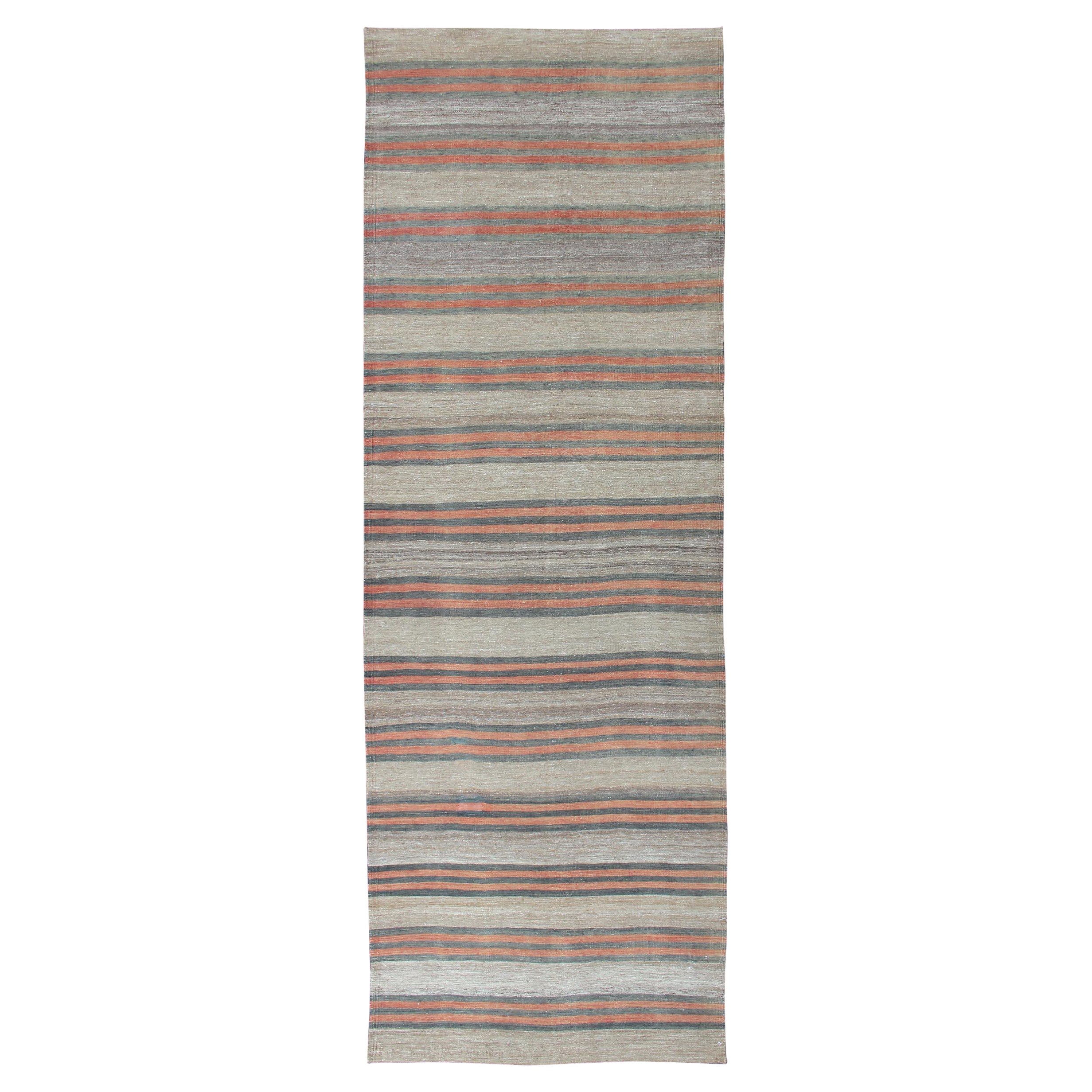 Vintage Hand Woven Turkish Kilim Runner with Stripe and Modern Design 