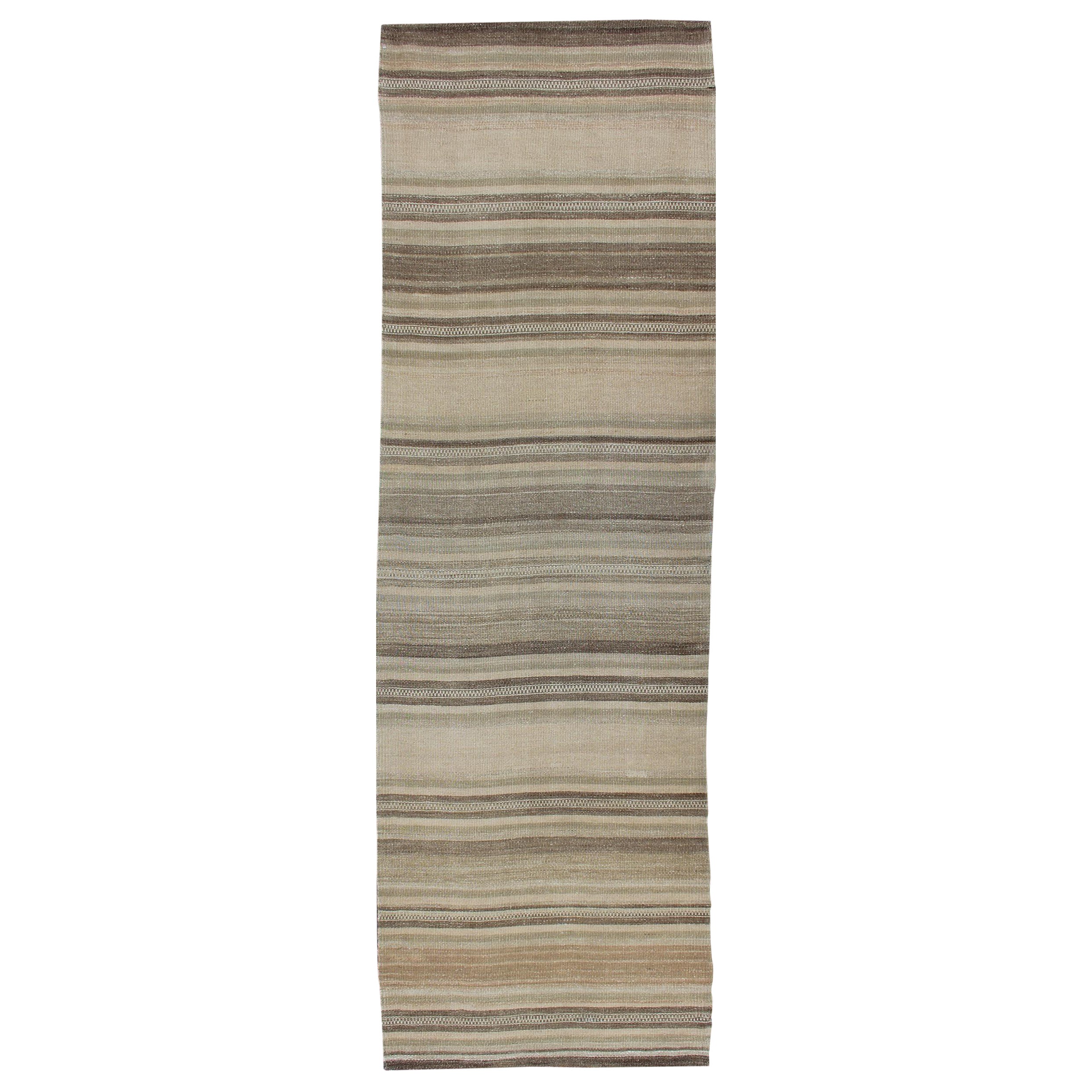 Striped Vintage Turkish Flat-Weave Runner with Tans, Brown and Olive Green For Sale