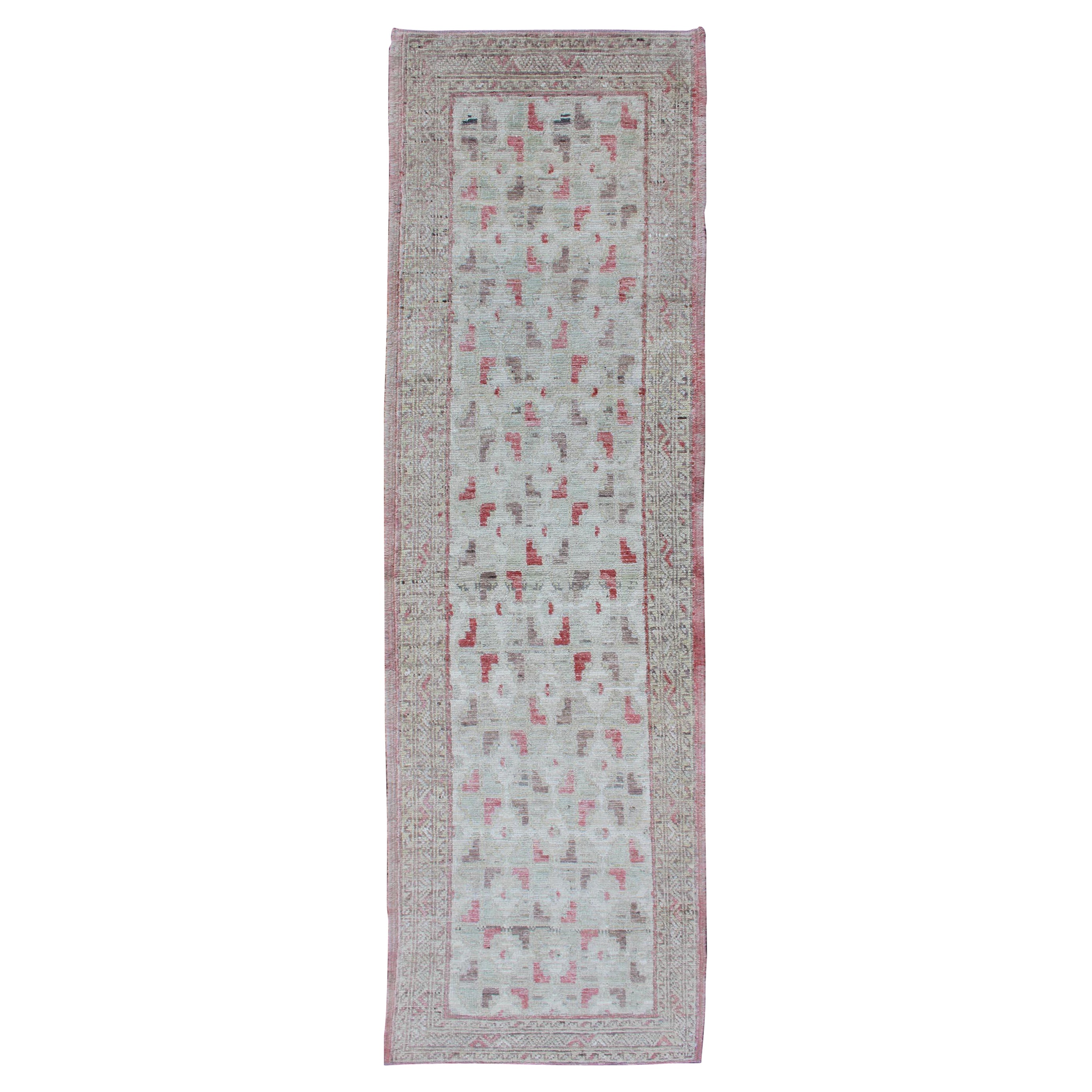 Cream and Coral Colored Casual Modern Runner in Khotan All-Over Design For Sale