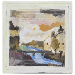 Hand-Painted Antique Tin Panel of Castle Along a River by Mladen Novak