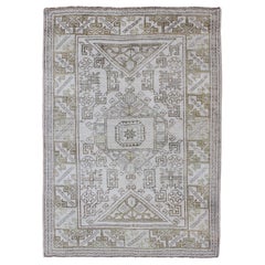 Light Green & Taupe Midcentury Vintage Oushak Rug with Geometric Medallion