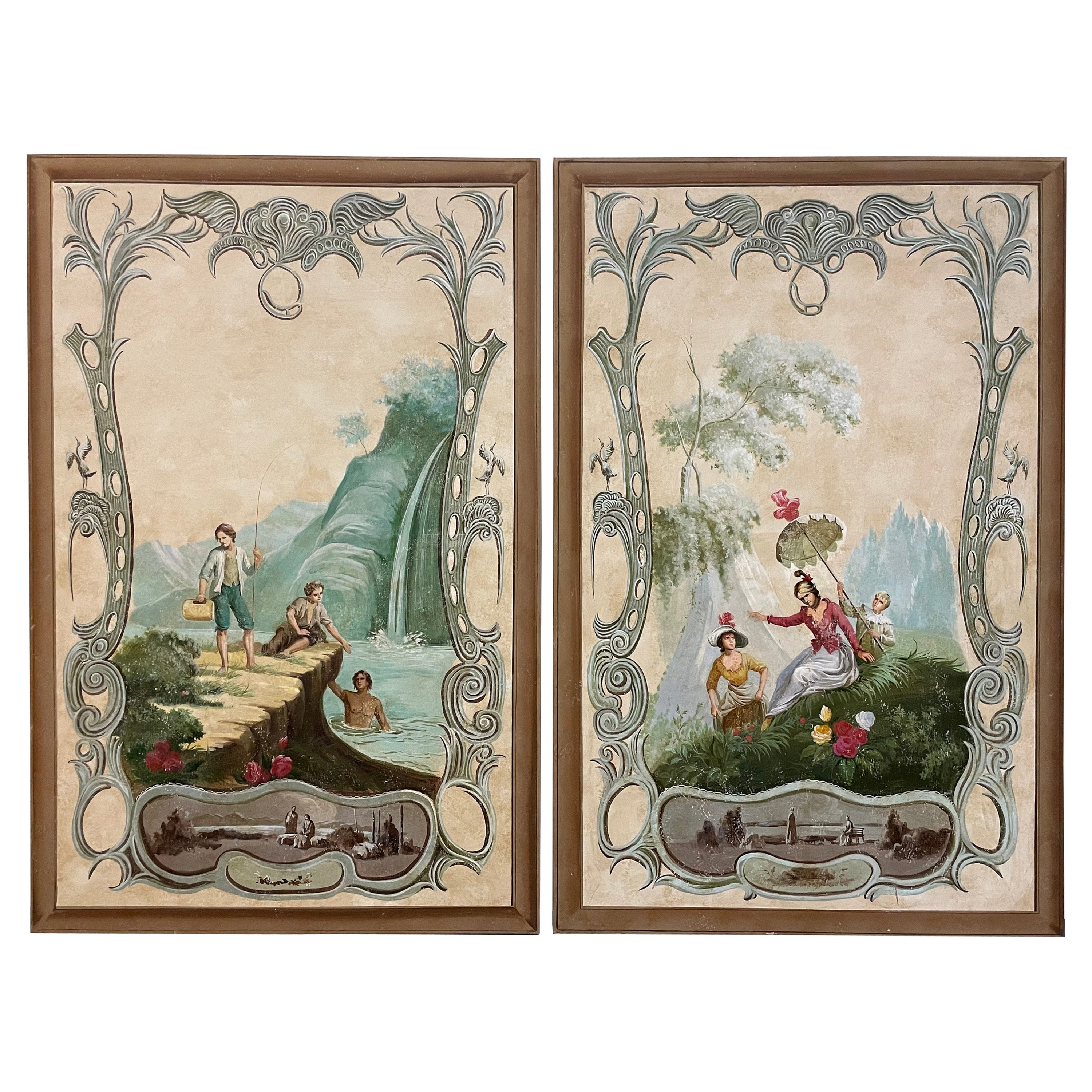 Pair of Large Painted French Pastoral Canvas Panels For Sale