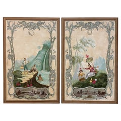 Antique Pair of Large Painted French Pastoral Canvas Panels