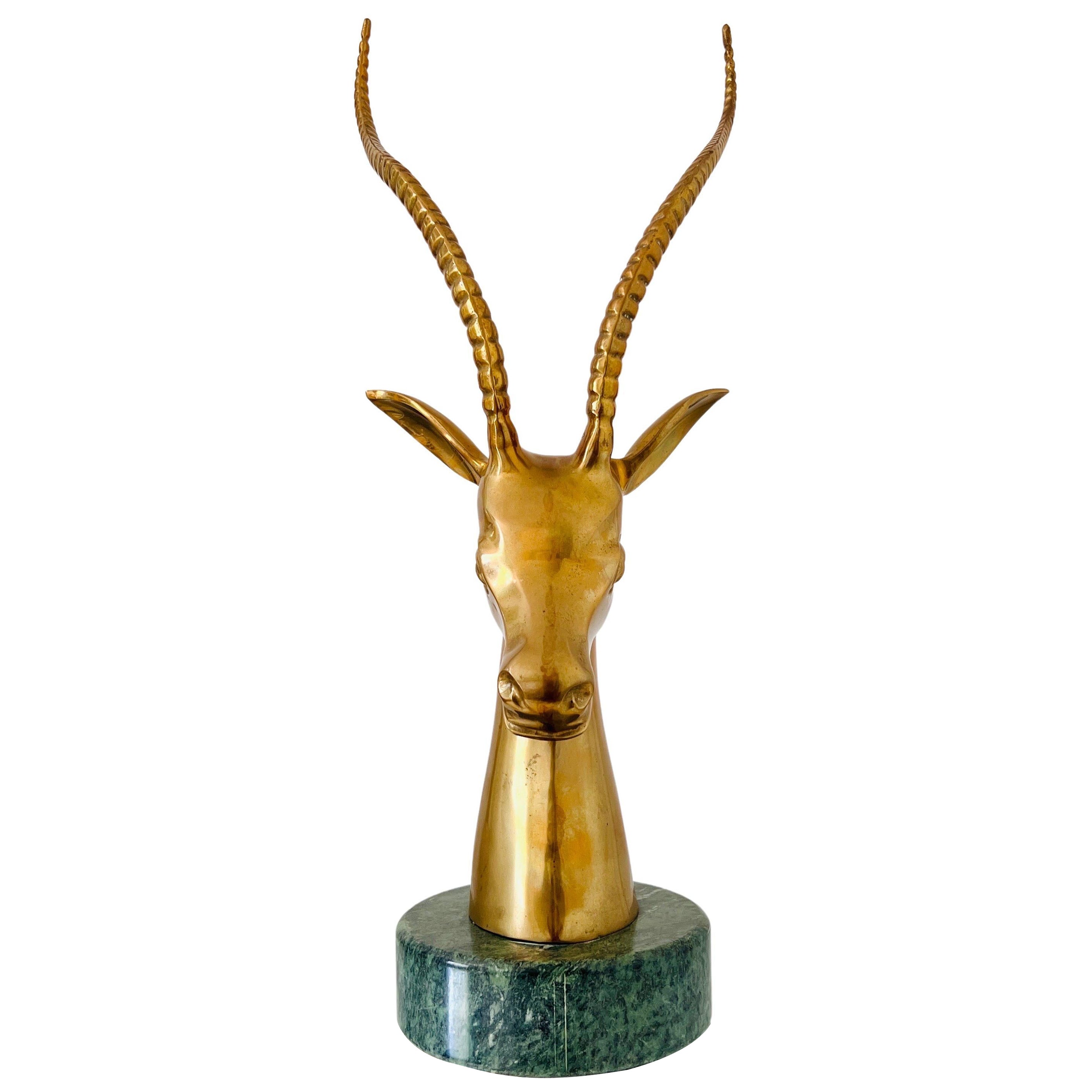 Brass Ibex Sculpture with Exotic Verde Guatemala Marble Base, circa 1970s For Sale