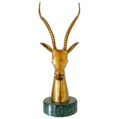 Vintage Brass Ibex Sculpture with Exotic Verde Guatemala Marble Base, circa 1970s