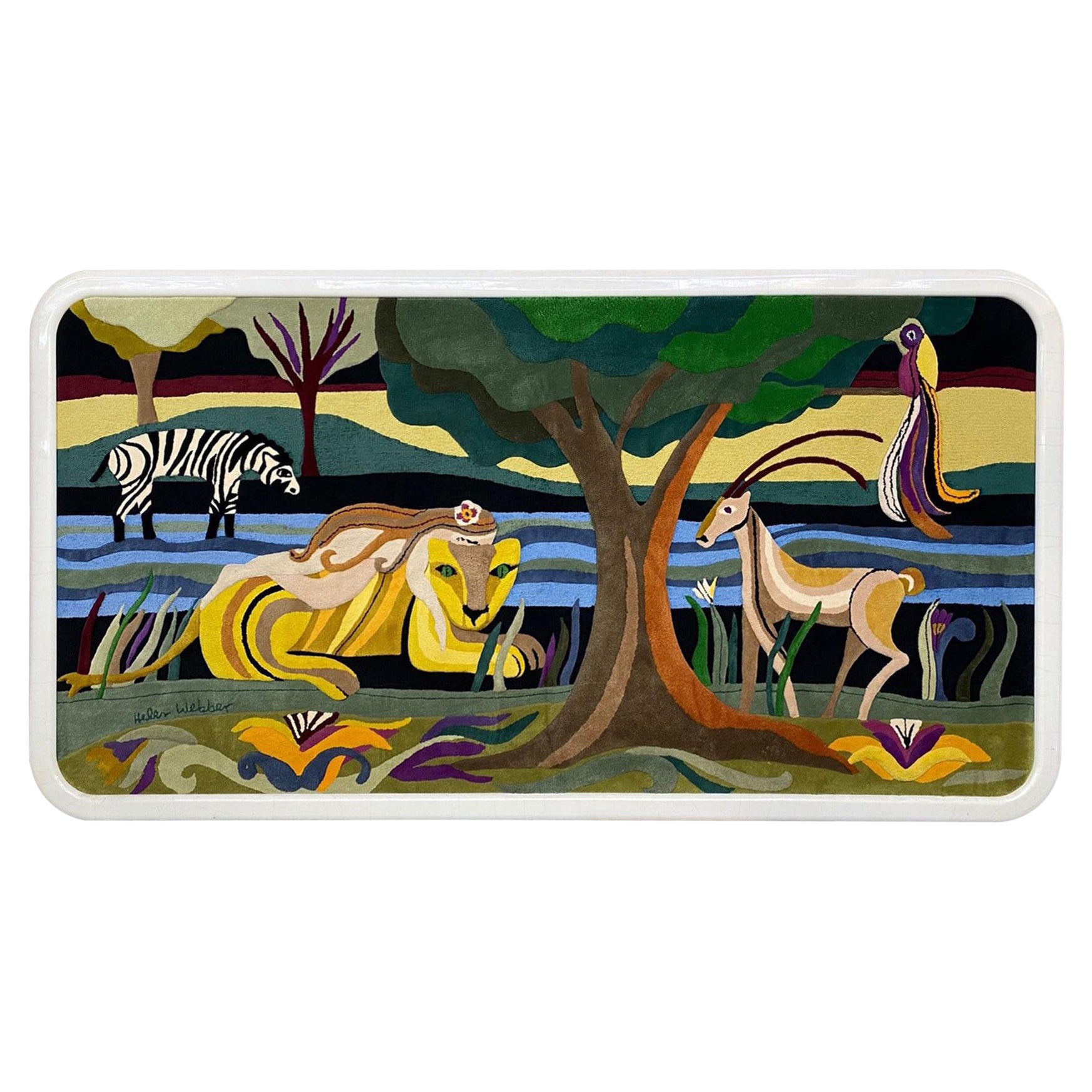 Grande tapisserie monumentale tissée encadrée sur mesure représentant une scène de Jungle, signée Helen Webber
